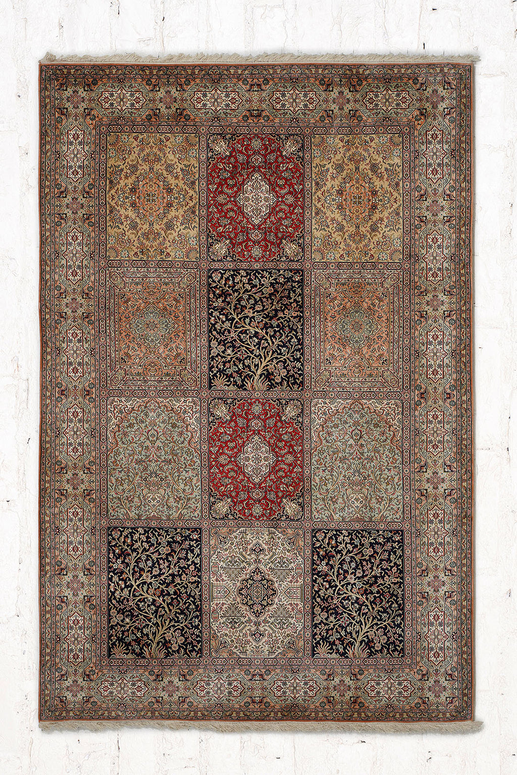 Handknotted Kashmir Silk Patchwork Panel Carpet 8x10 Feet