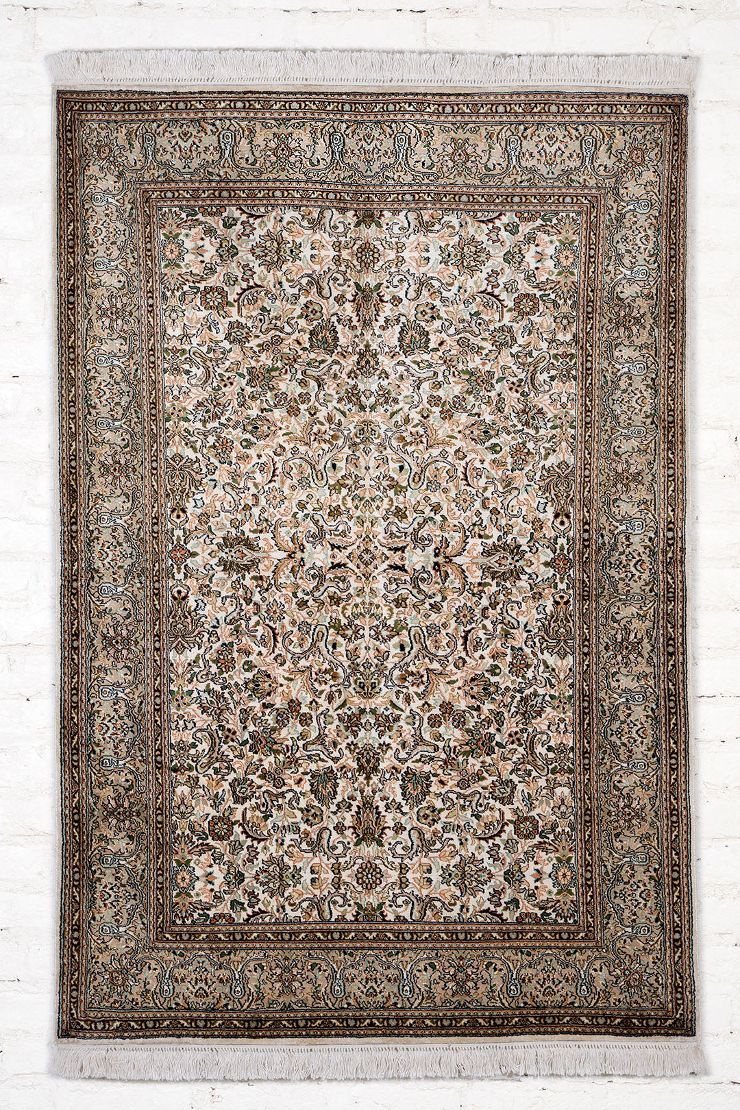 Handknotted Allover White Kashmir Silk Carpet
