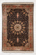 Handknotted Kashmir Silk Ardabil Blue Carpet