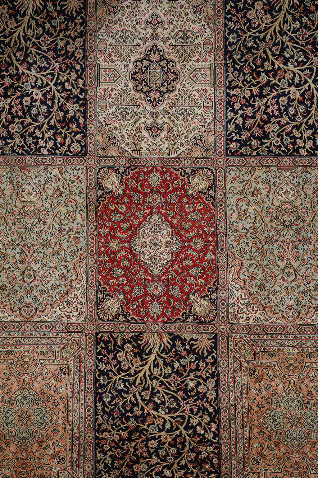 Handknotted Kashmir Silk Patchwork Panel Carpet 8x10 Feet