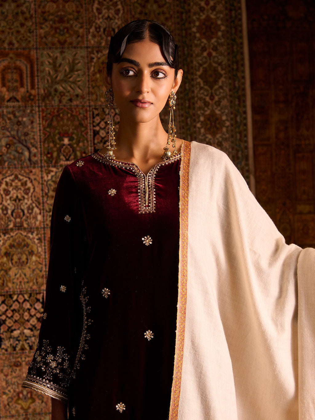 Handwoven Pure Pashmina Cream Sozni Hashidaar Shawl