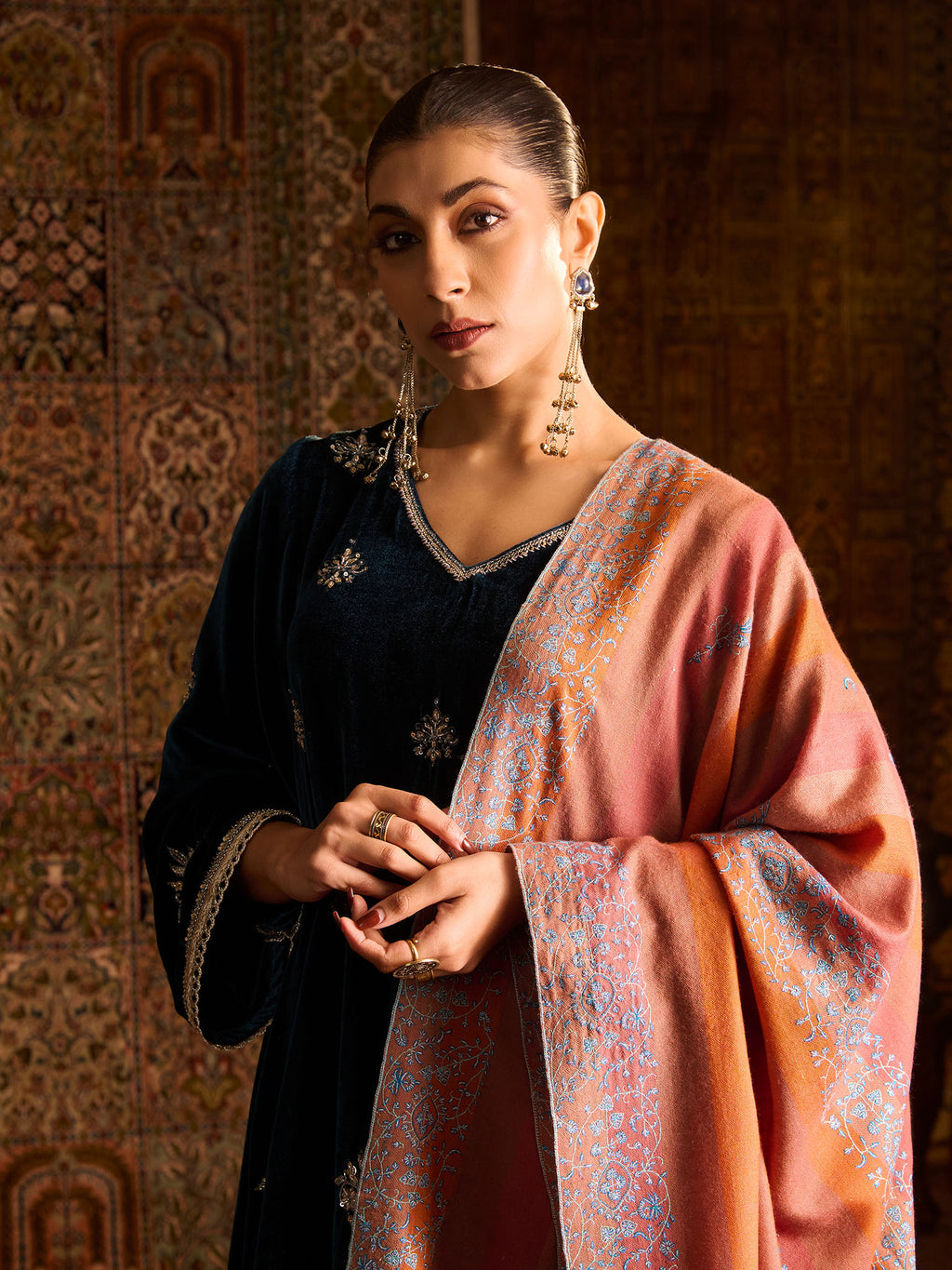 Multicolour Striped Kashmiri Handwoven Pashmina Sozni Palladar Shawl