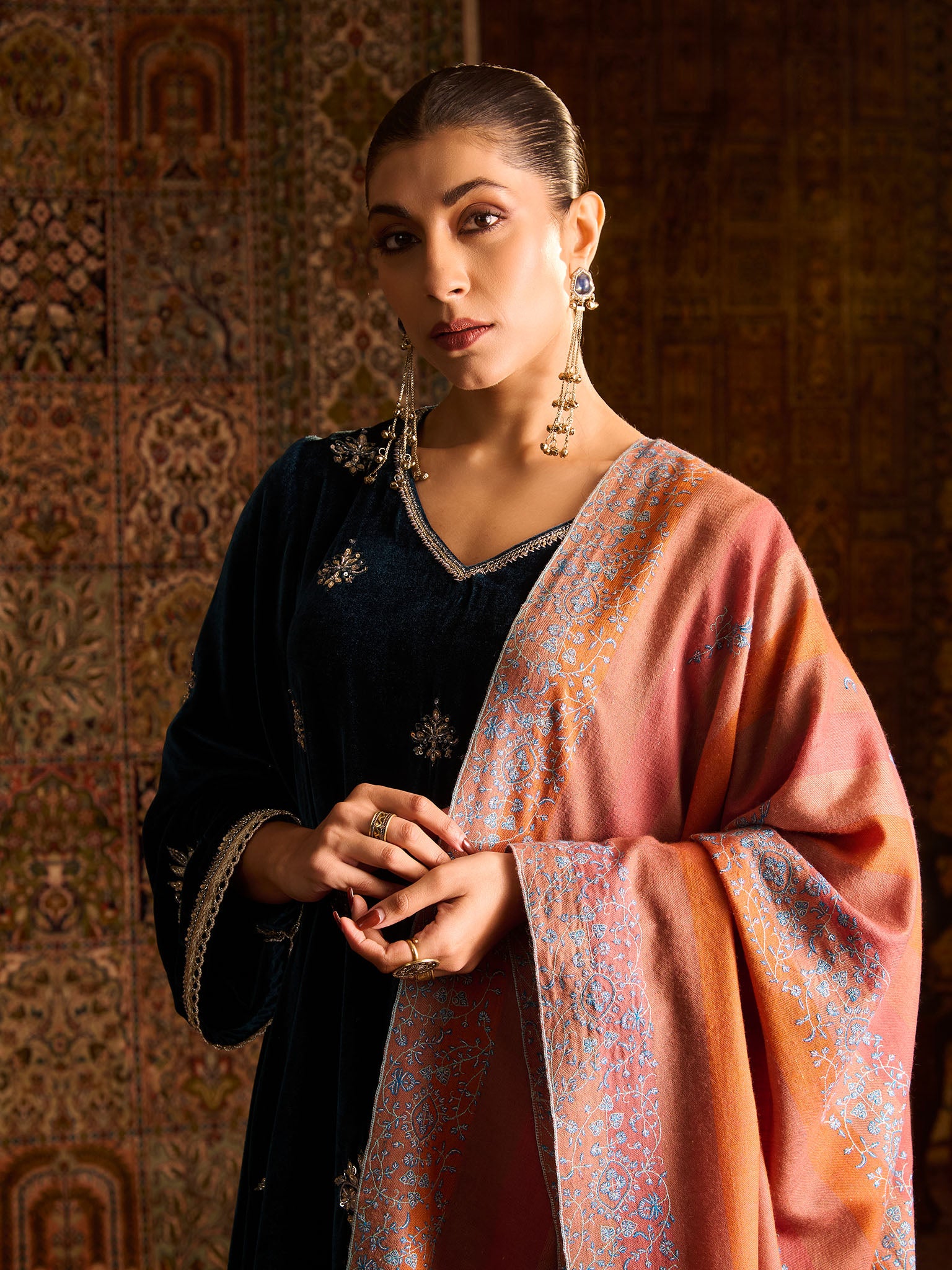 Multicolour Striped Kashmiri Handwoven Pashmina Sozni Palladar Shawl