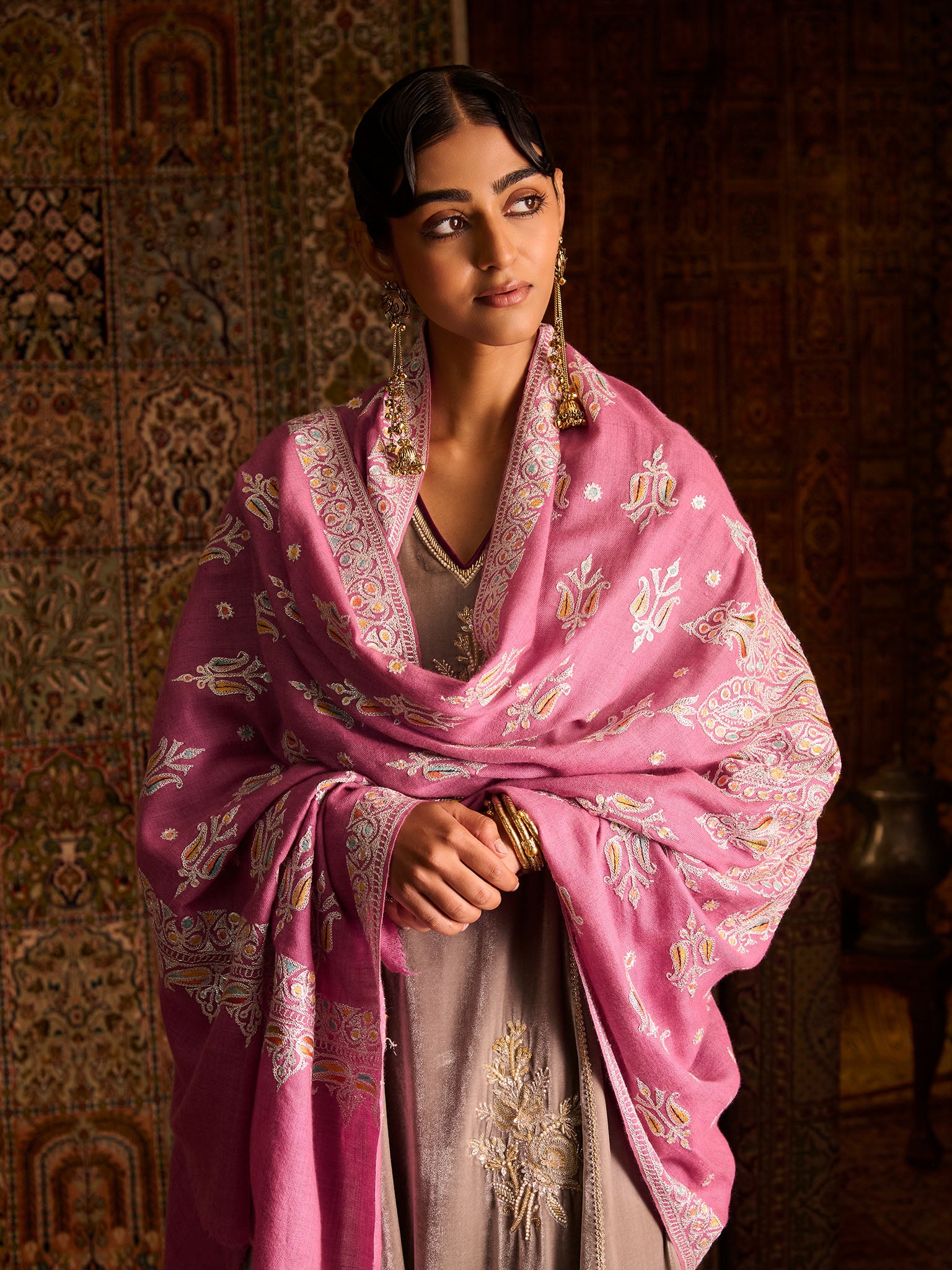 Kashmiri Pure Pashmina Pink Tilla Jamawar Shawl