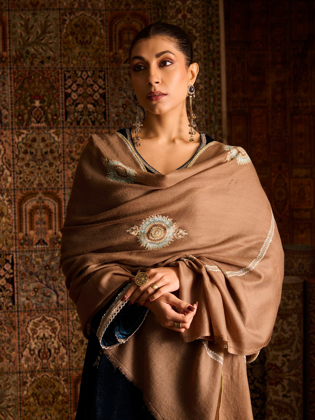 Handwoven Pure Pashmina Brown Sozni Shawl