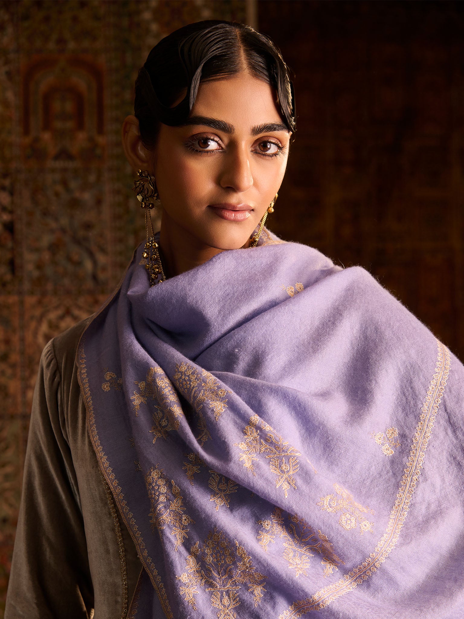 Kashmiri Handwoven Pure Pashmina Lilac Sozni Kunjidar Stole