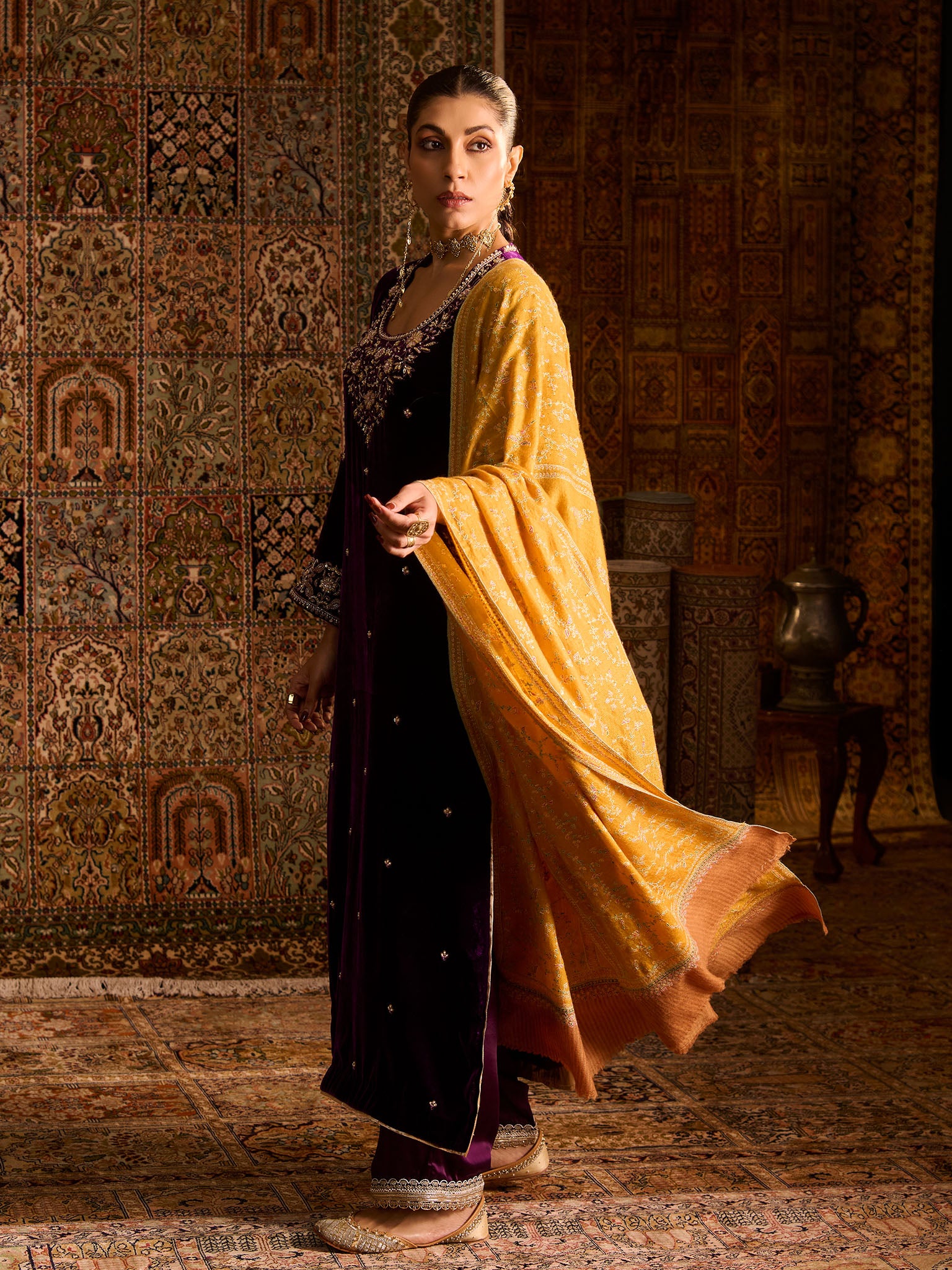 Handwoven Pure Pashmina Sozni Mustard Heavy Jaali Shawl