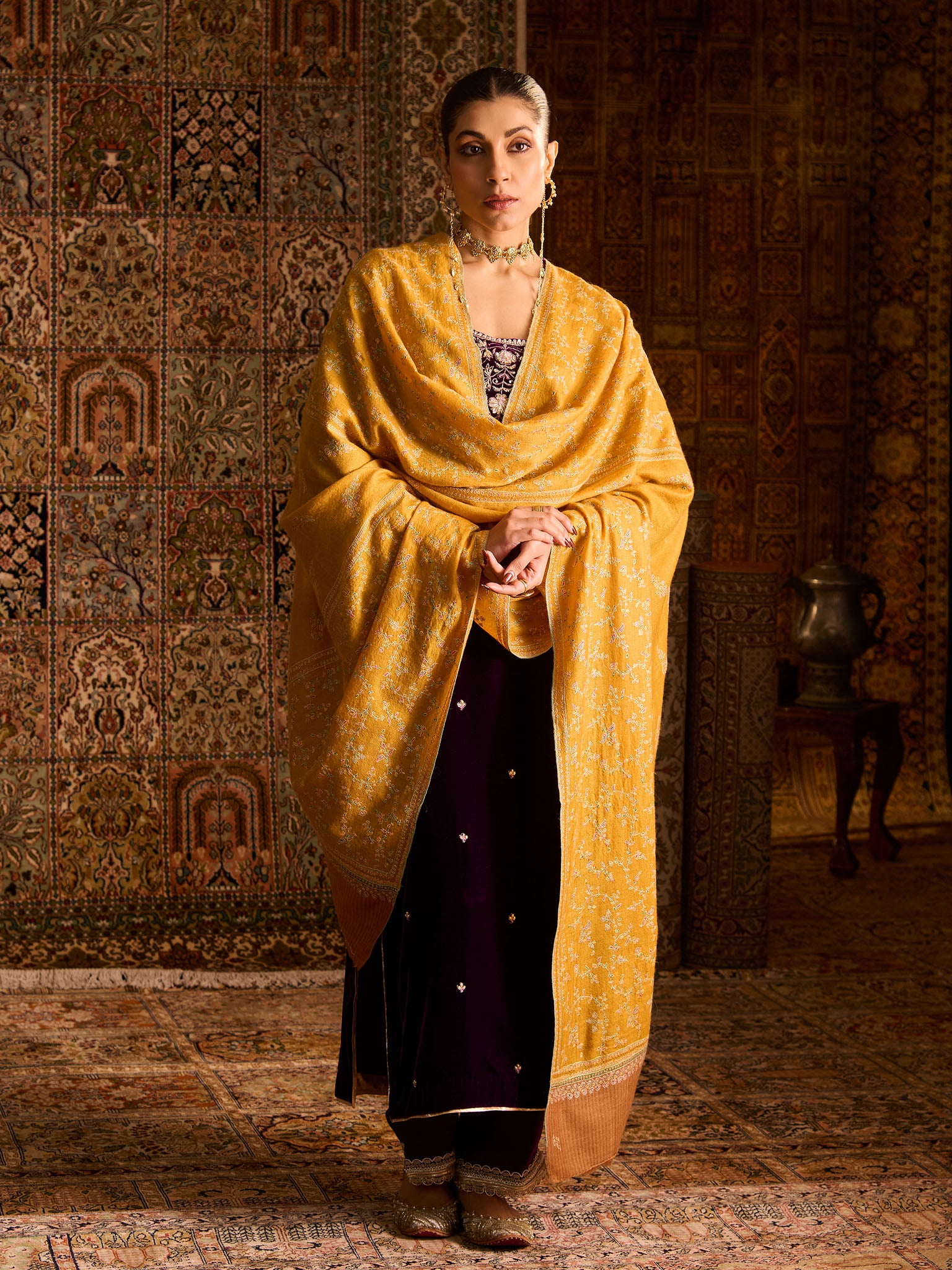 Handwoven Pure Pashmina Sozni Mustard Heavy Jaali Shawl