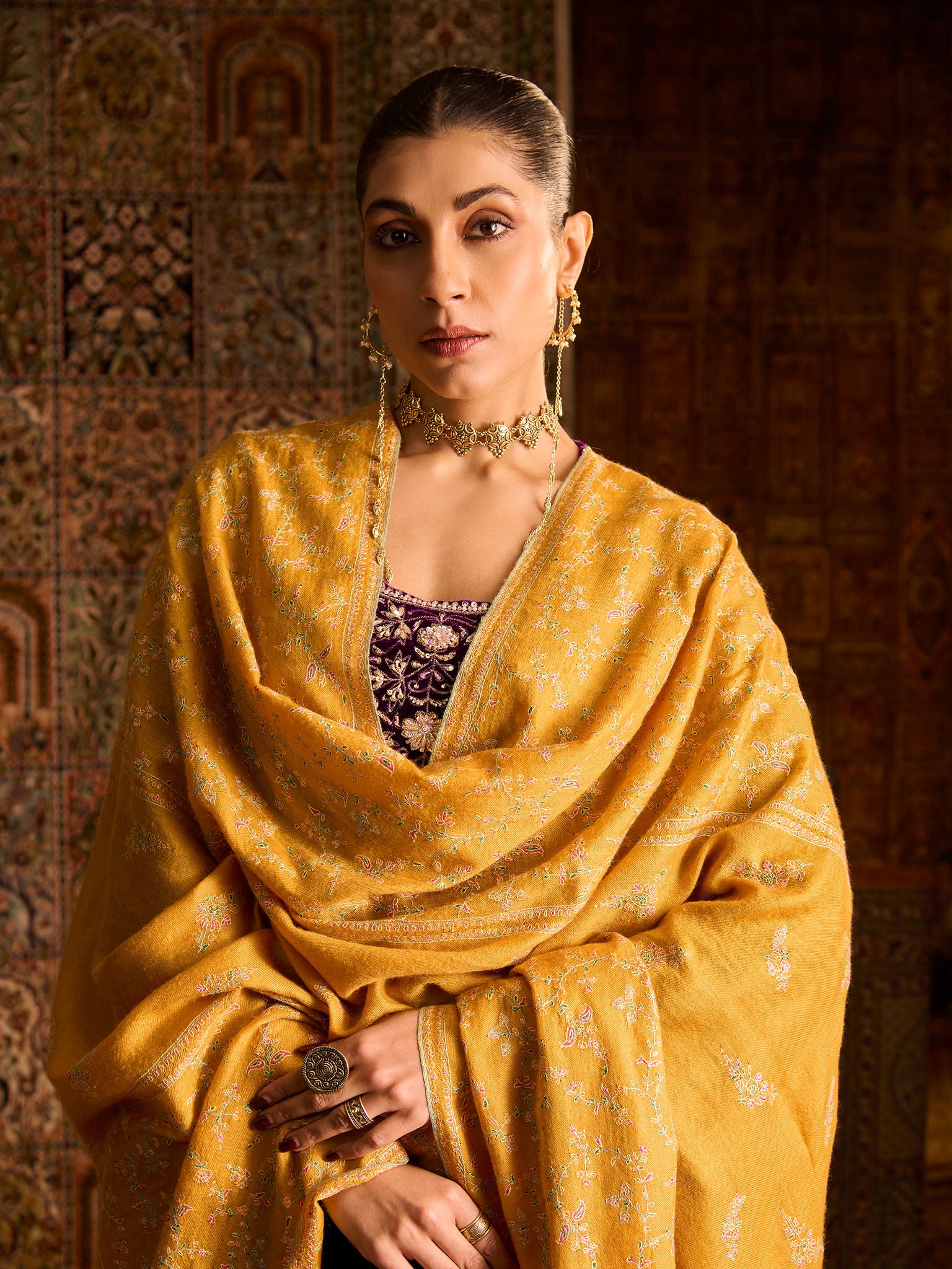 Handwoven Pure Pashmina Sozni Mustard Heavy Jaali Shawl