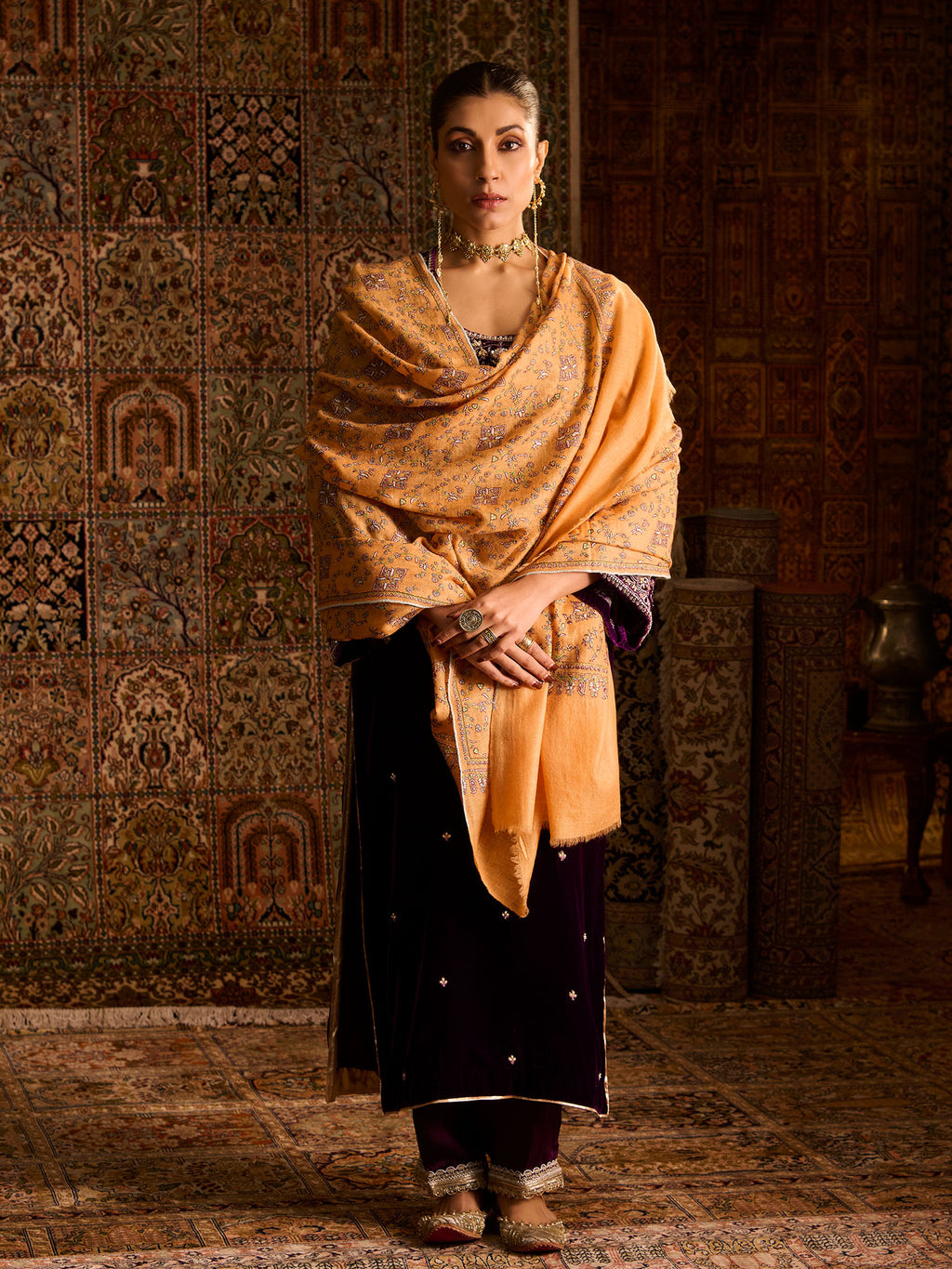 Handwoven Pure Pashmina Sozni Light Orange Heavy Jaali Shawl