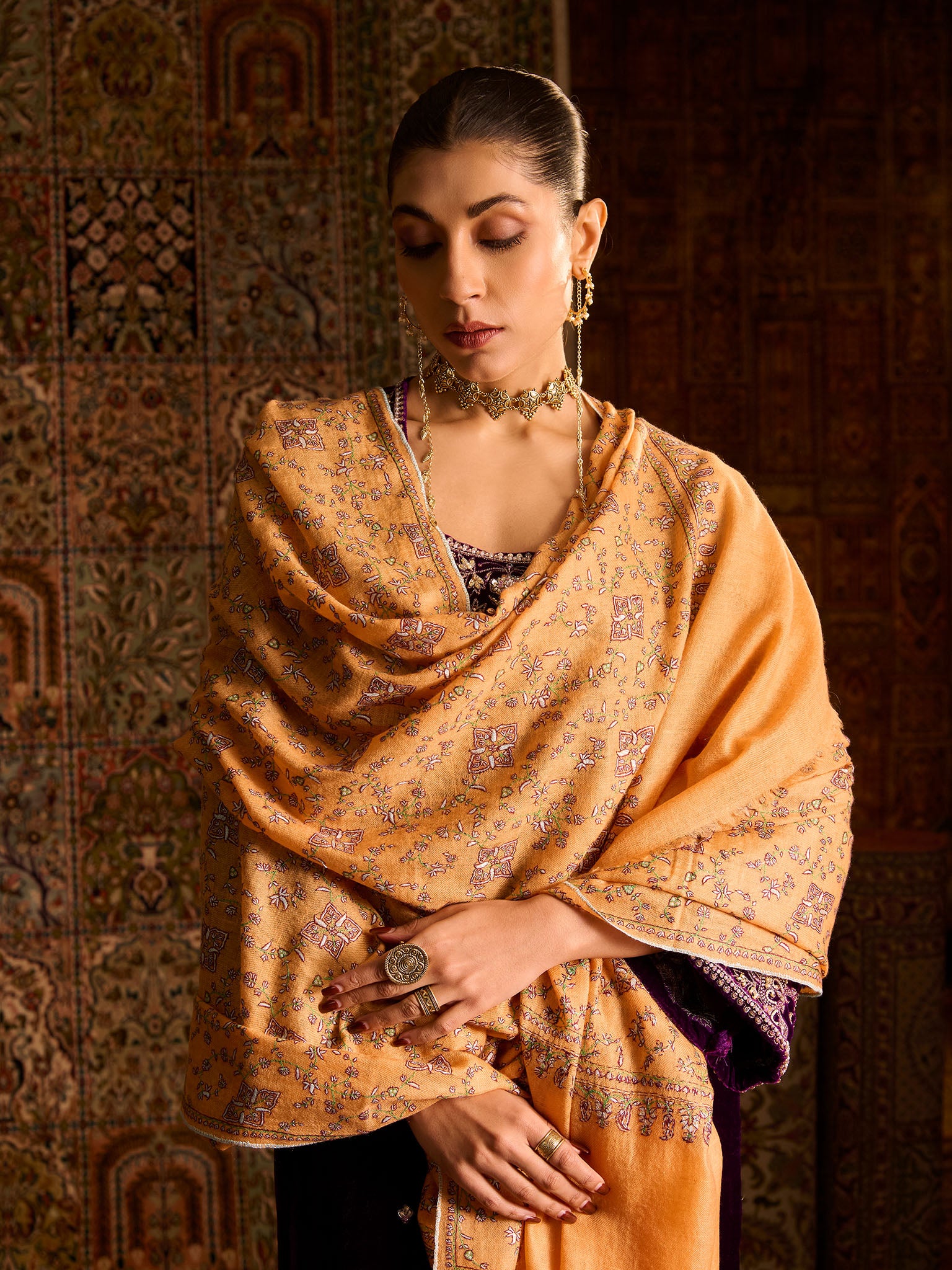 Handwoven Pure Pashmina Sozni Light Orange Heavy Jaali Shawl