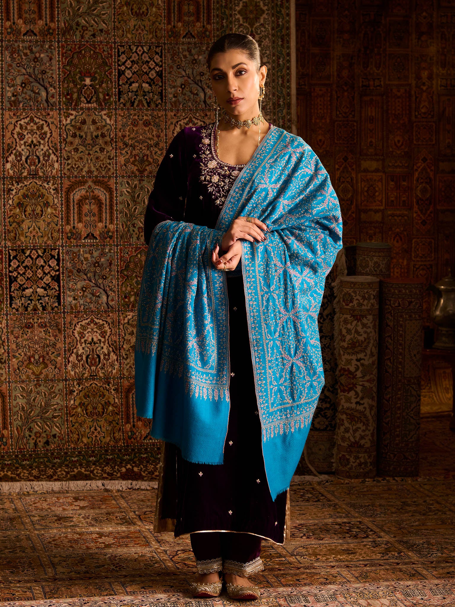 Neem Jamawar Pure Pashmina Firozi Shawl