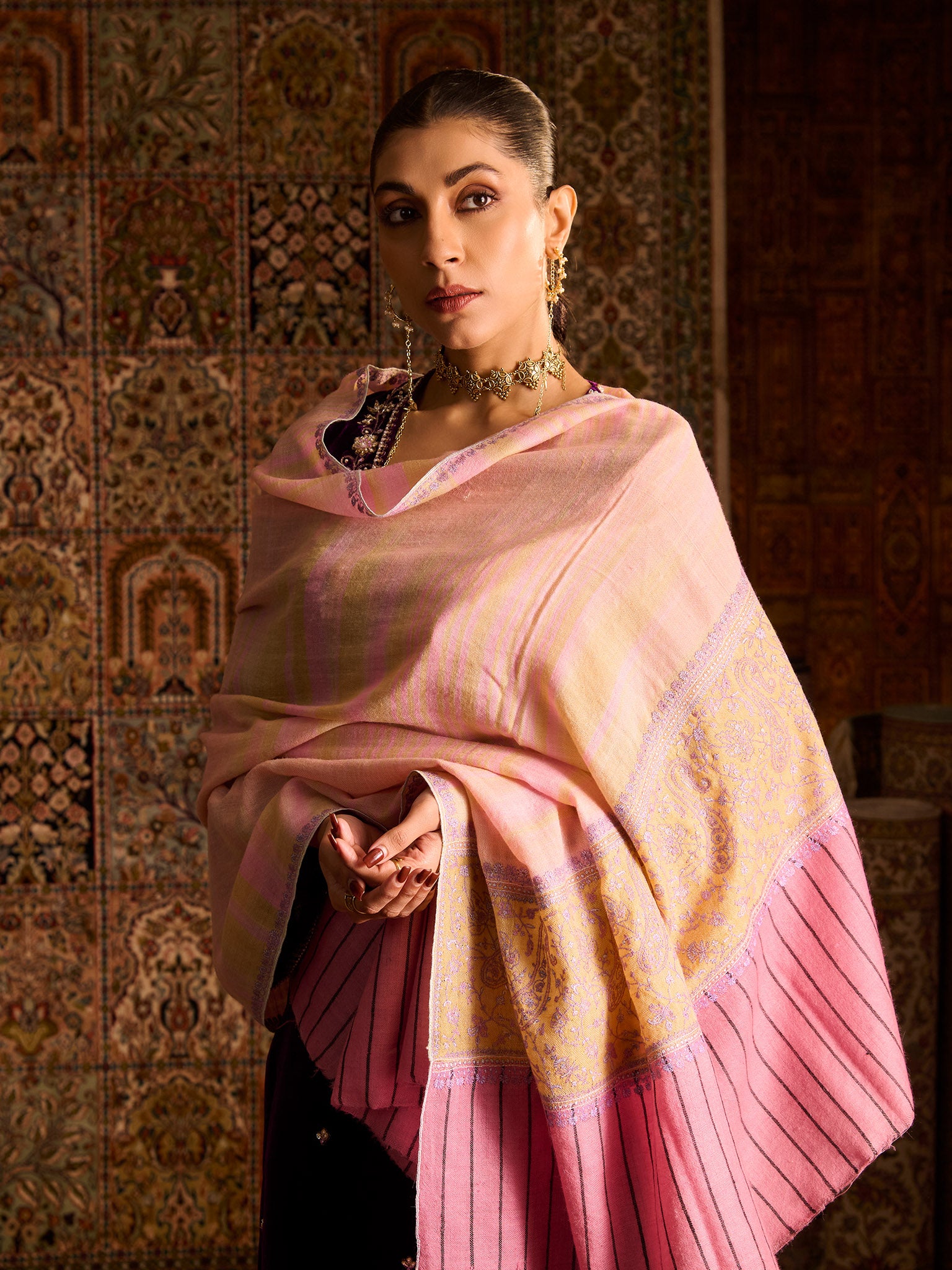 Handwoven Pure Pashmina Pink Sozni Palladar Shawl