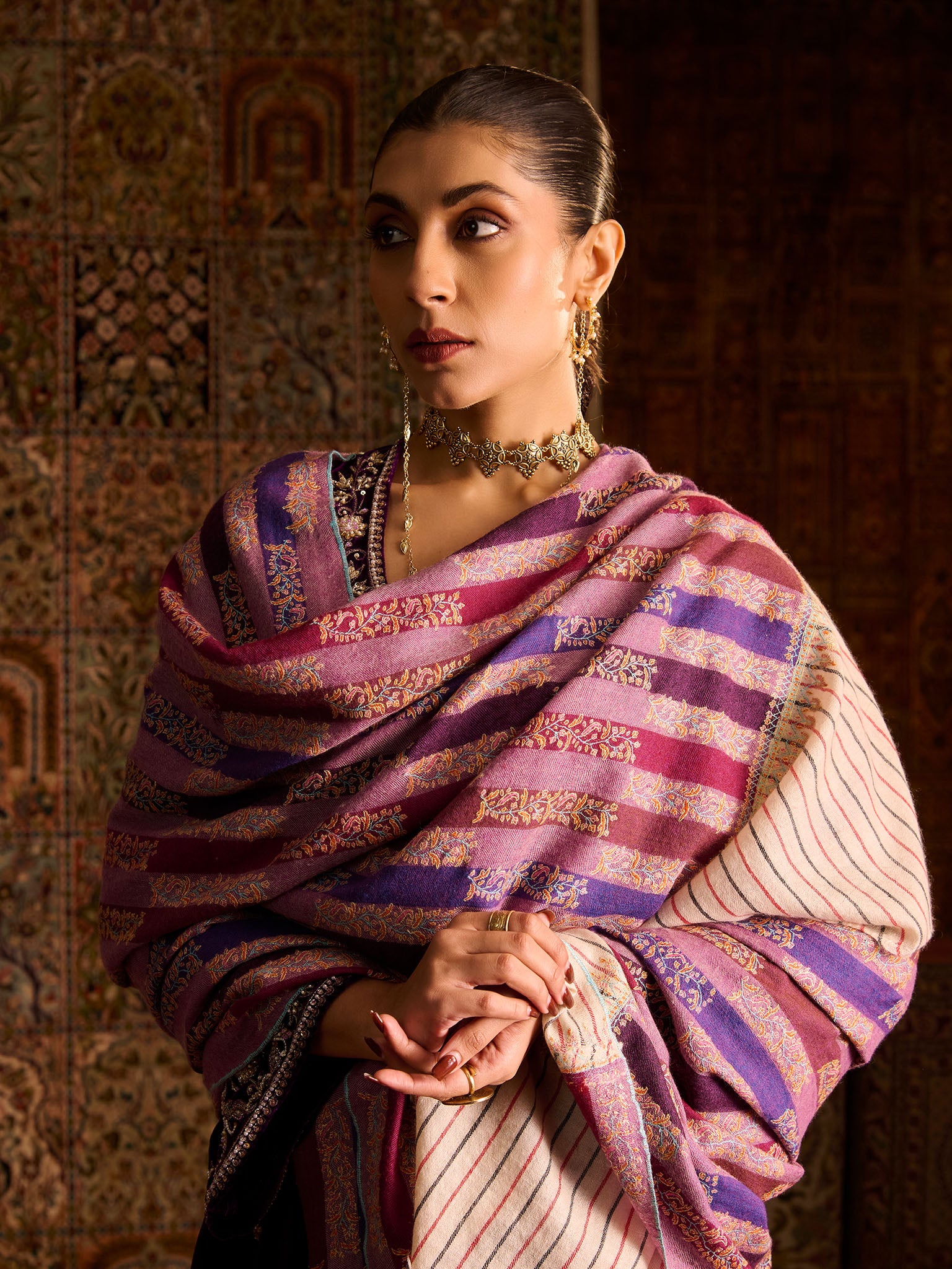 Handwoven Pure Pashmina Purple Sozni Jamawar Shawl