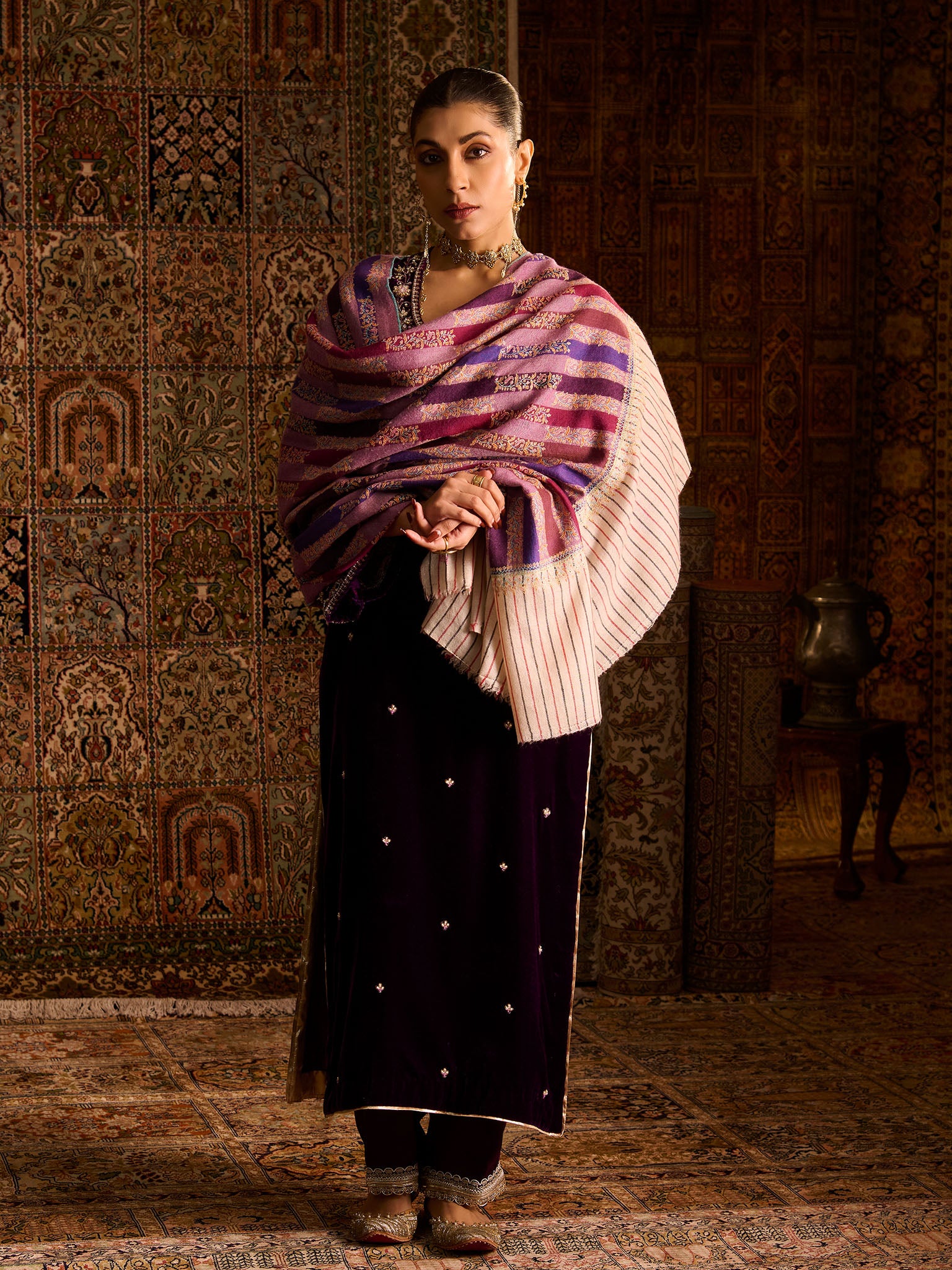 Handwoven Pure Pashmina Purple Sozni Jamawar Shawl