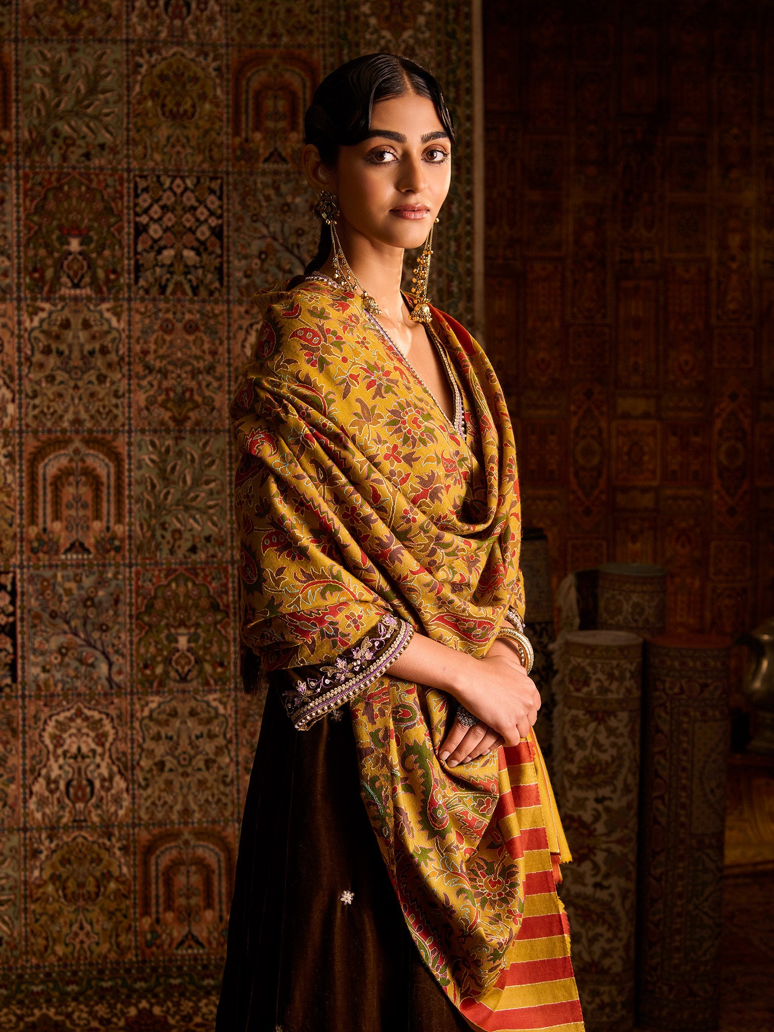 Handwoven Pure Pashmina Yellow Sozni Jaali Shawl