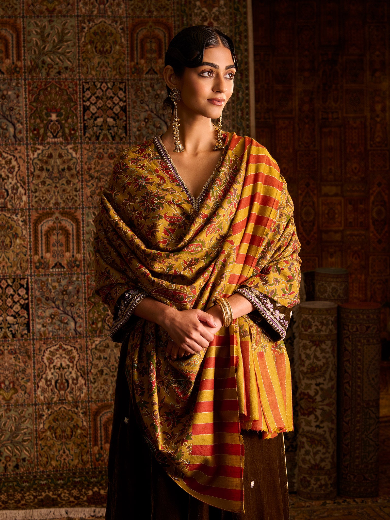 Handwoven Pure Pashmina Yellow Sozni Jaali Shawl