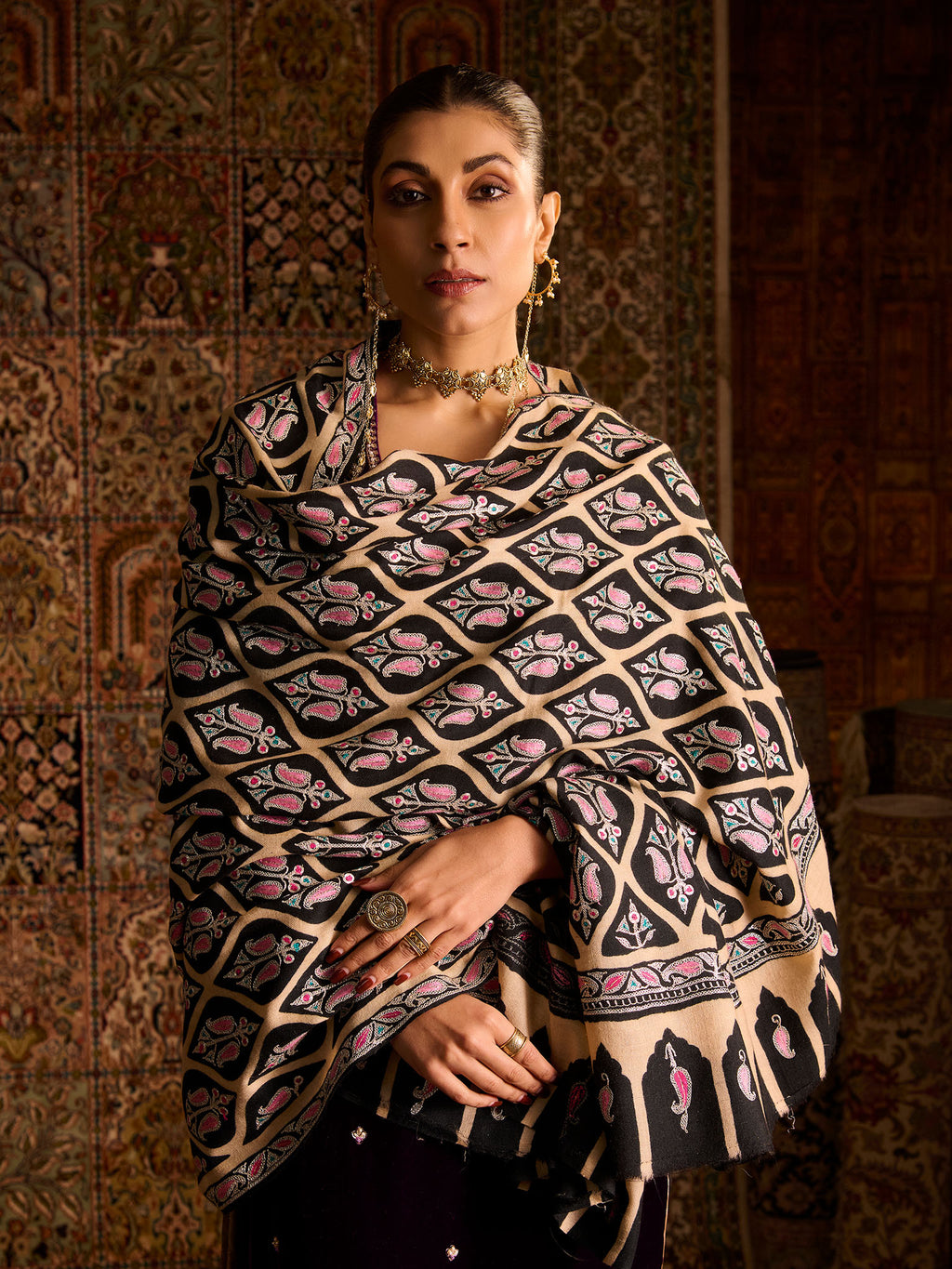 Kashmiri Handwoven Pure Pashmina Pink Heavy Tilla Jamawar Shawl