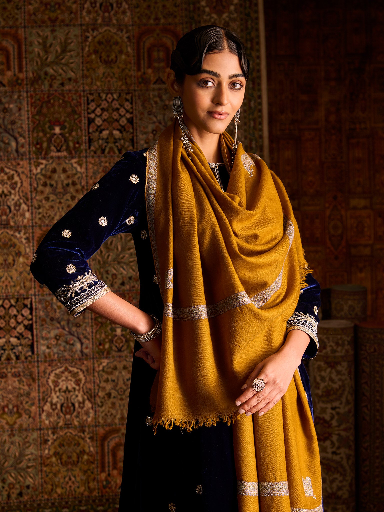 Handwoven Pure Pashmina Mustard Sozni Hashidaar Shawl
