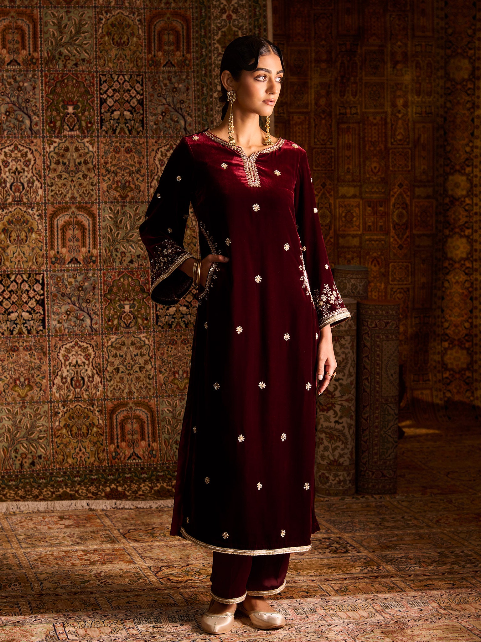 Gulnaar Maroon Velvet Suit Set