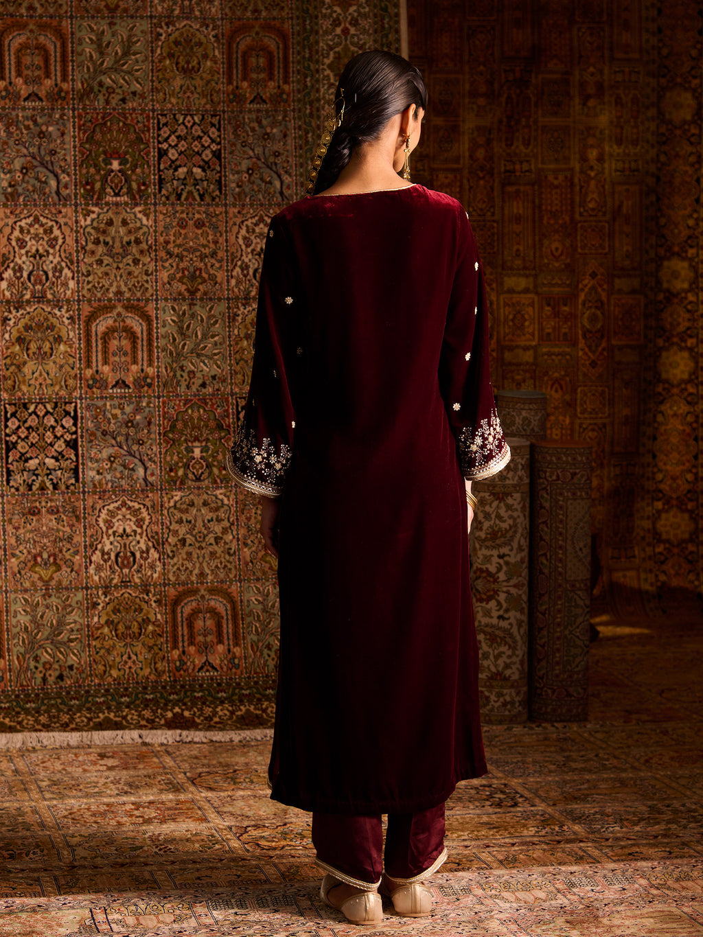 Gulnaar Maroon Velvet Suit Set