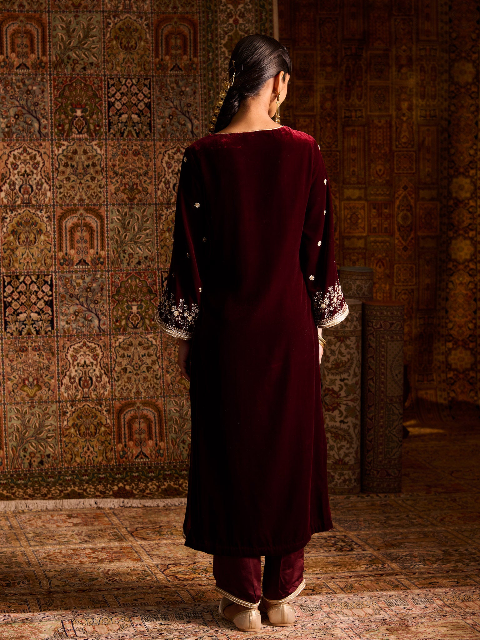 Gulnaar Maroon Velvet Suit Set