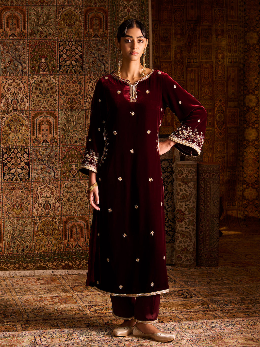 Gulnaar Maroon Velvet Suit Set