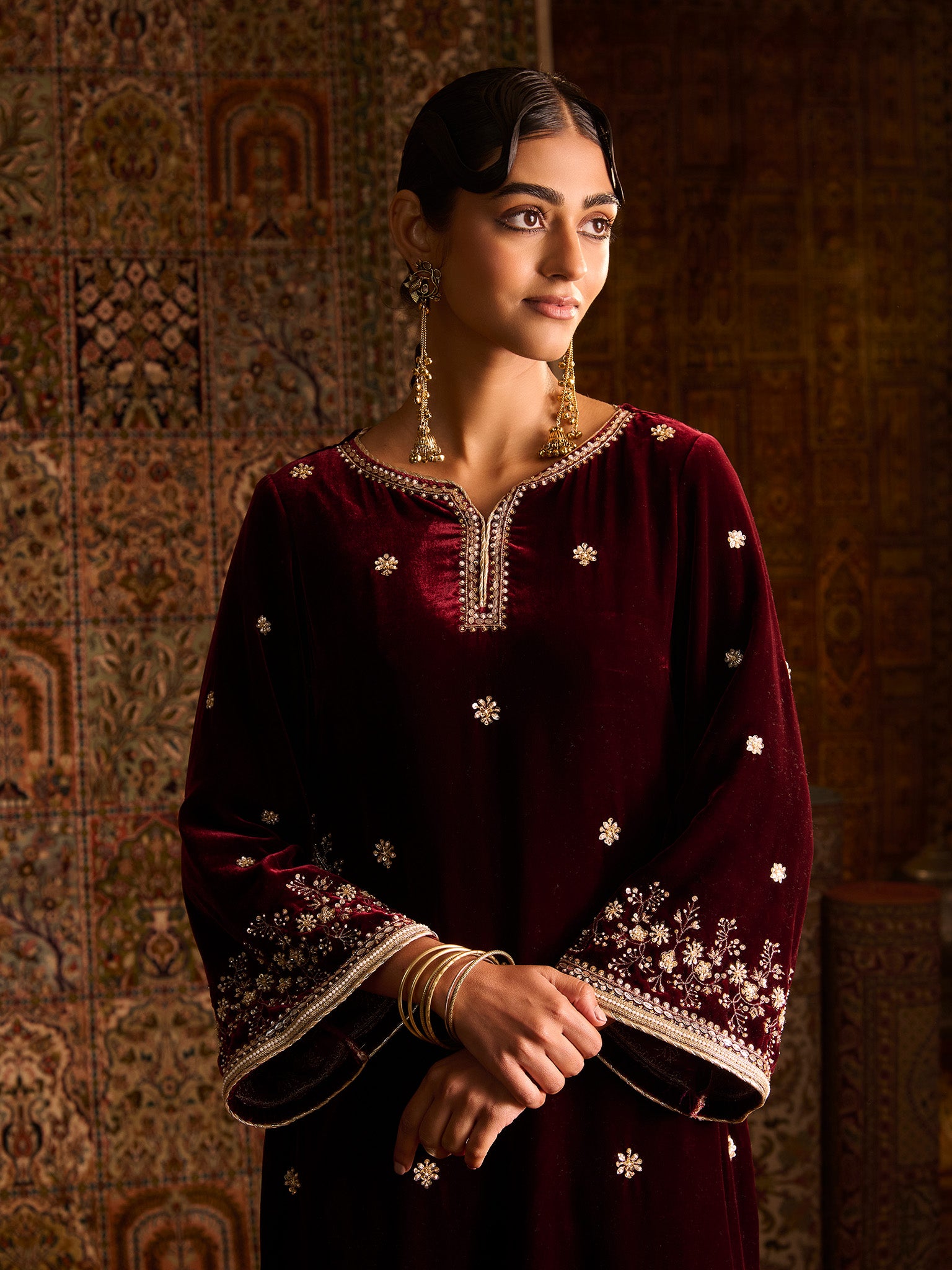 Gulnaar Maroon Velvet Suit Set