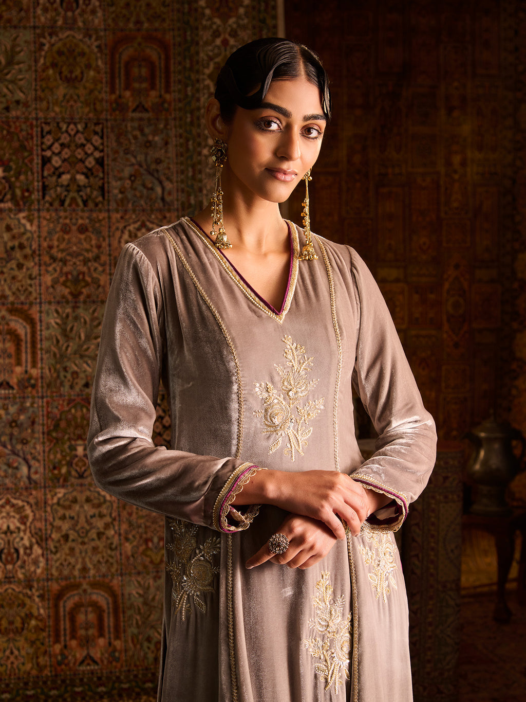 Chandur Grey Velvet Suit Set