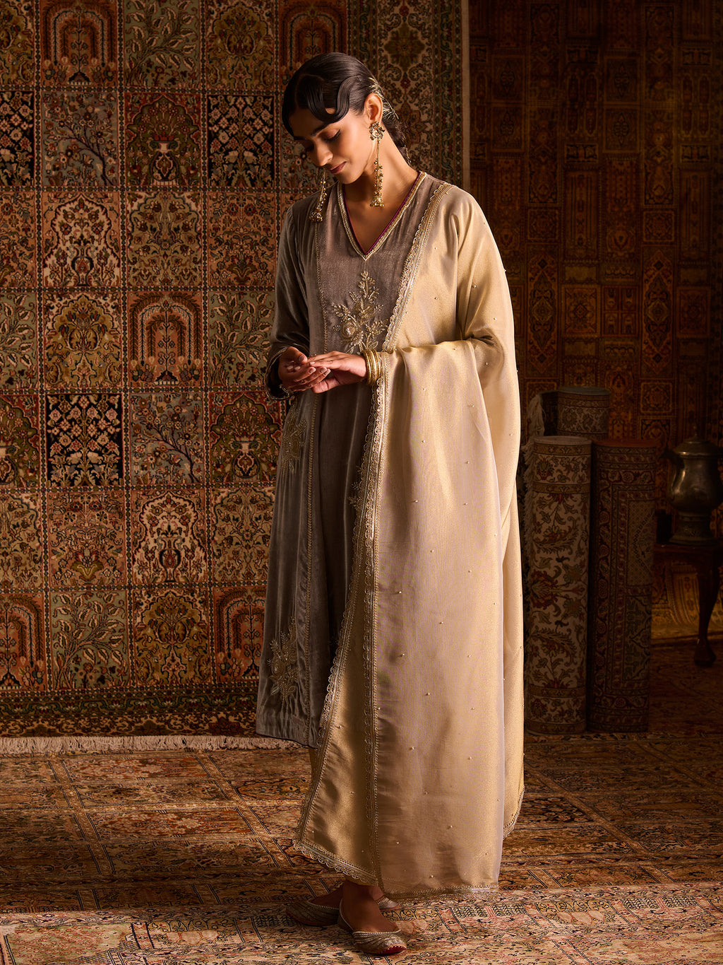 Chandur Grey Velvet Suit Set