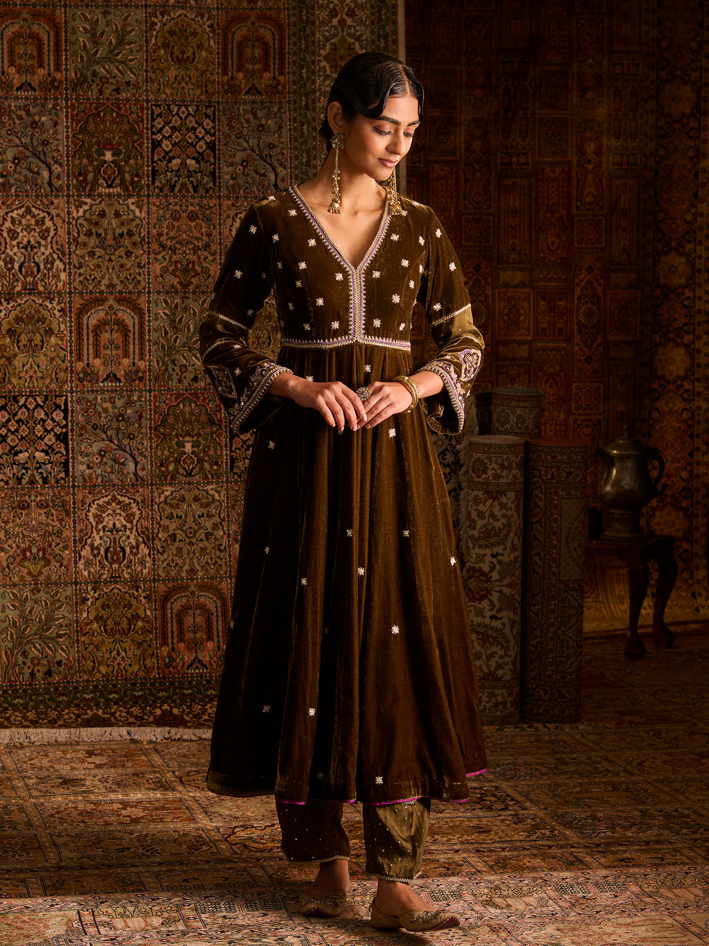 Mehruu Olive Velvet Suit Set