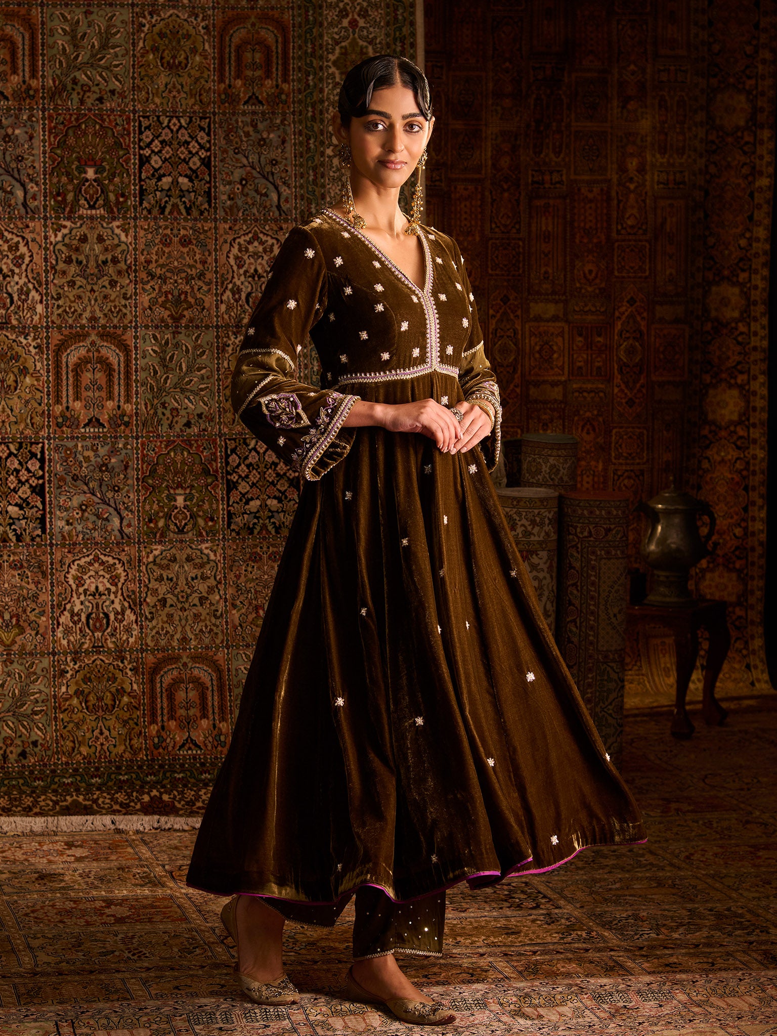 Mehruu Olive Velvet Suit Set