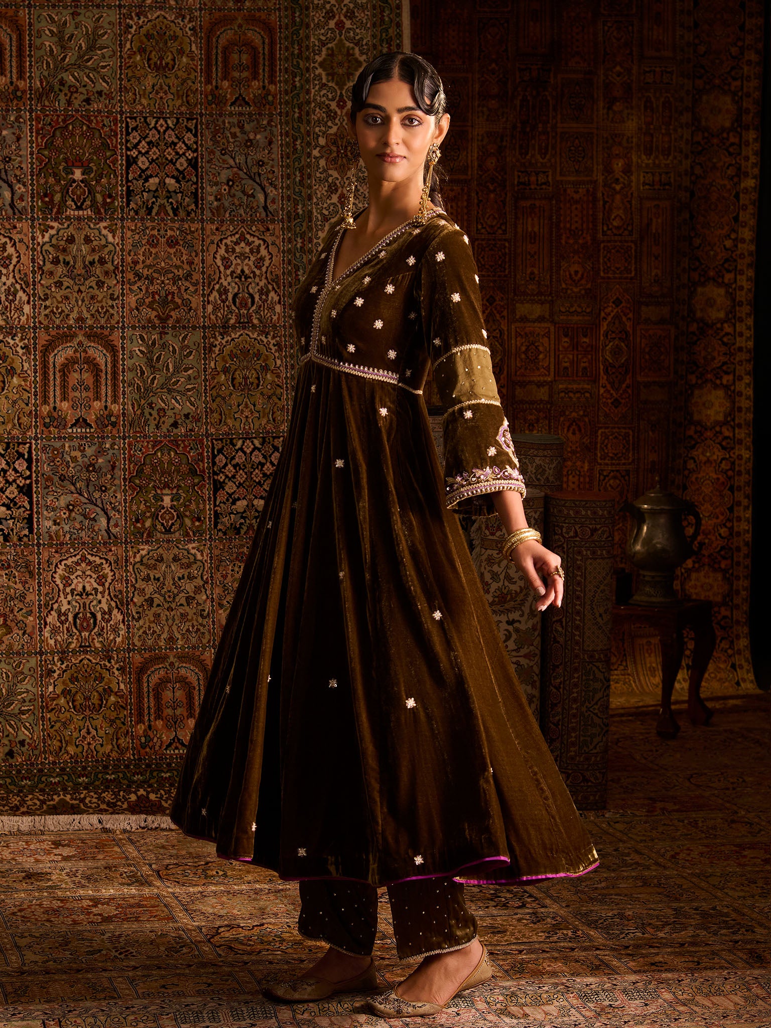 Mehruu Olive Velvet Suit Set