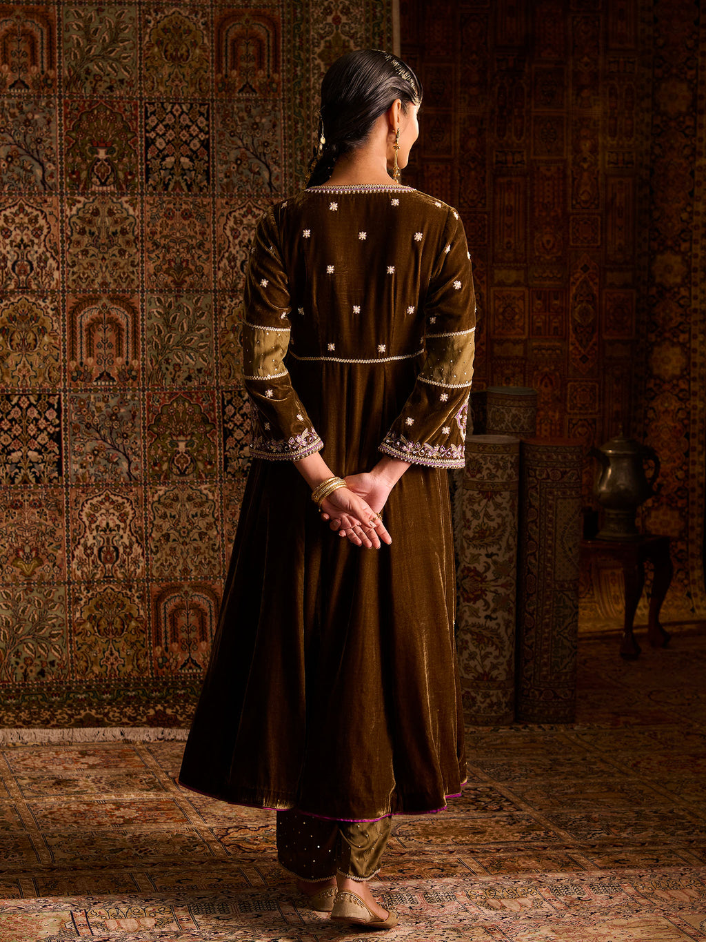 Mehruu Olive Velvet Suit Set