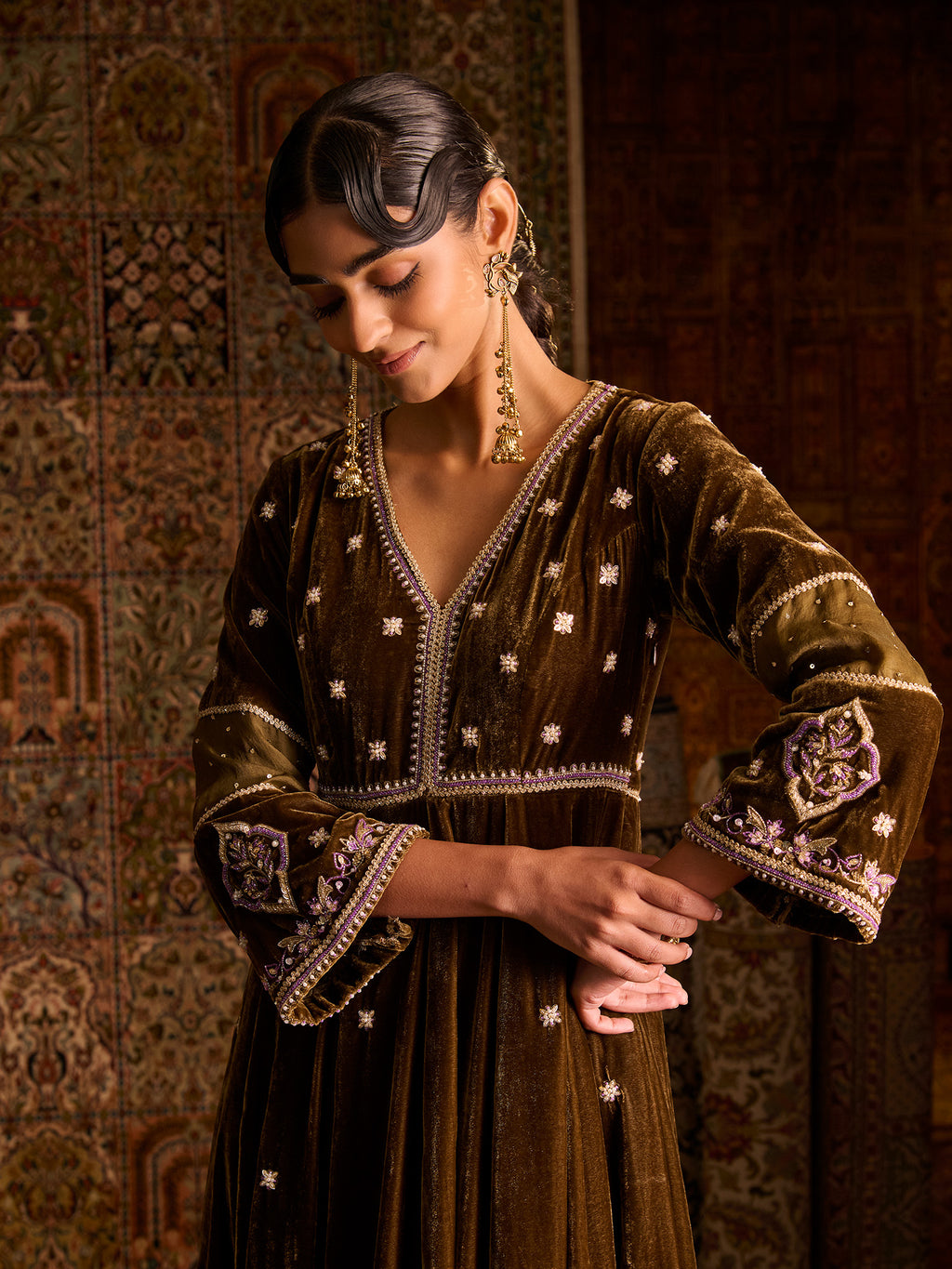 Mehruu Olive Velvet Suit Set