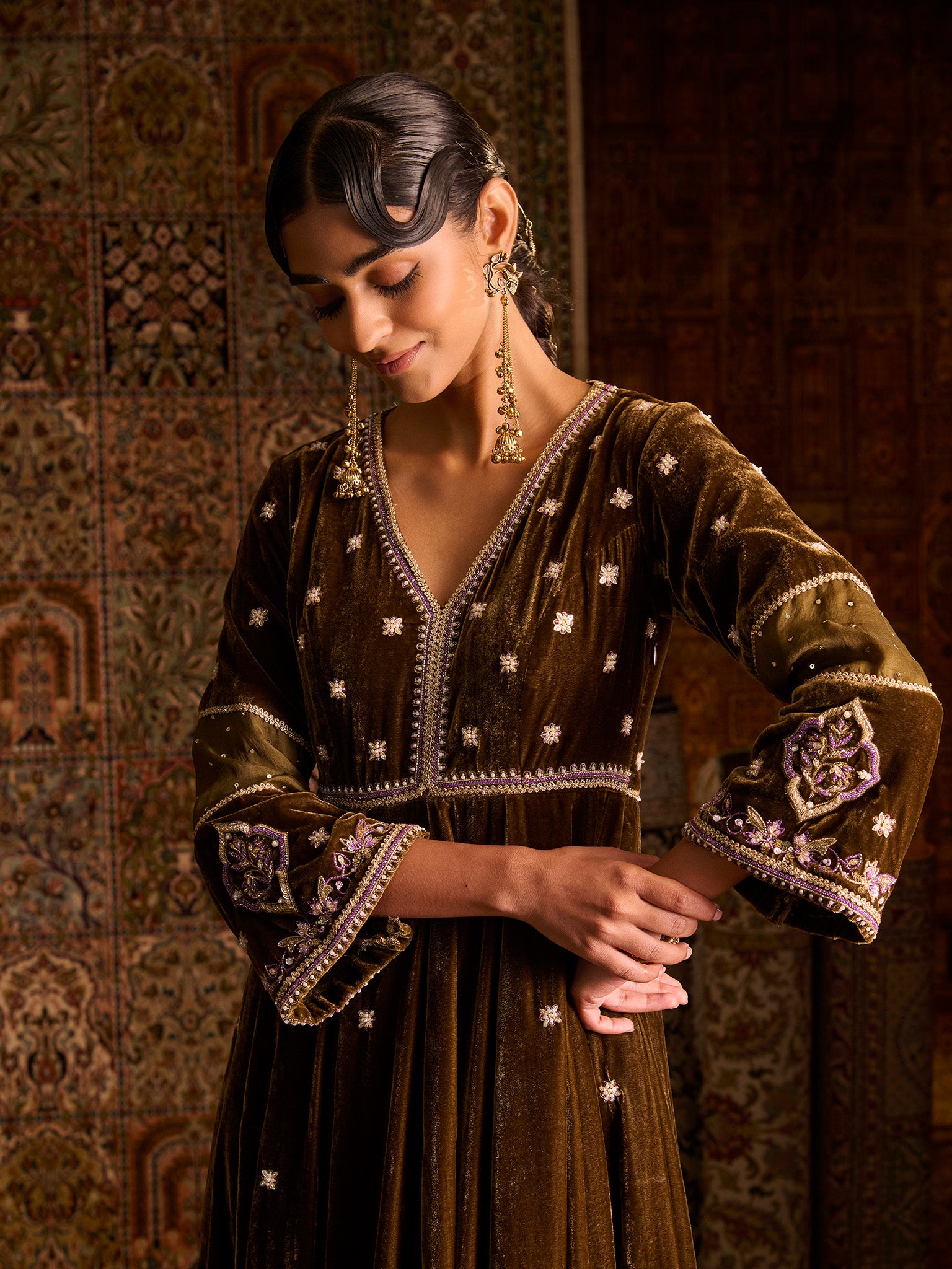 Mehruu Olive Velvet Suit Set