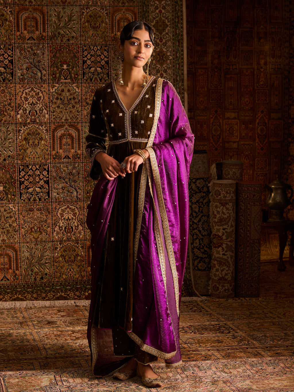 Mehruu Olive Velvet Suit Set