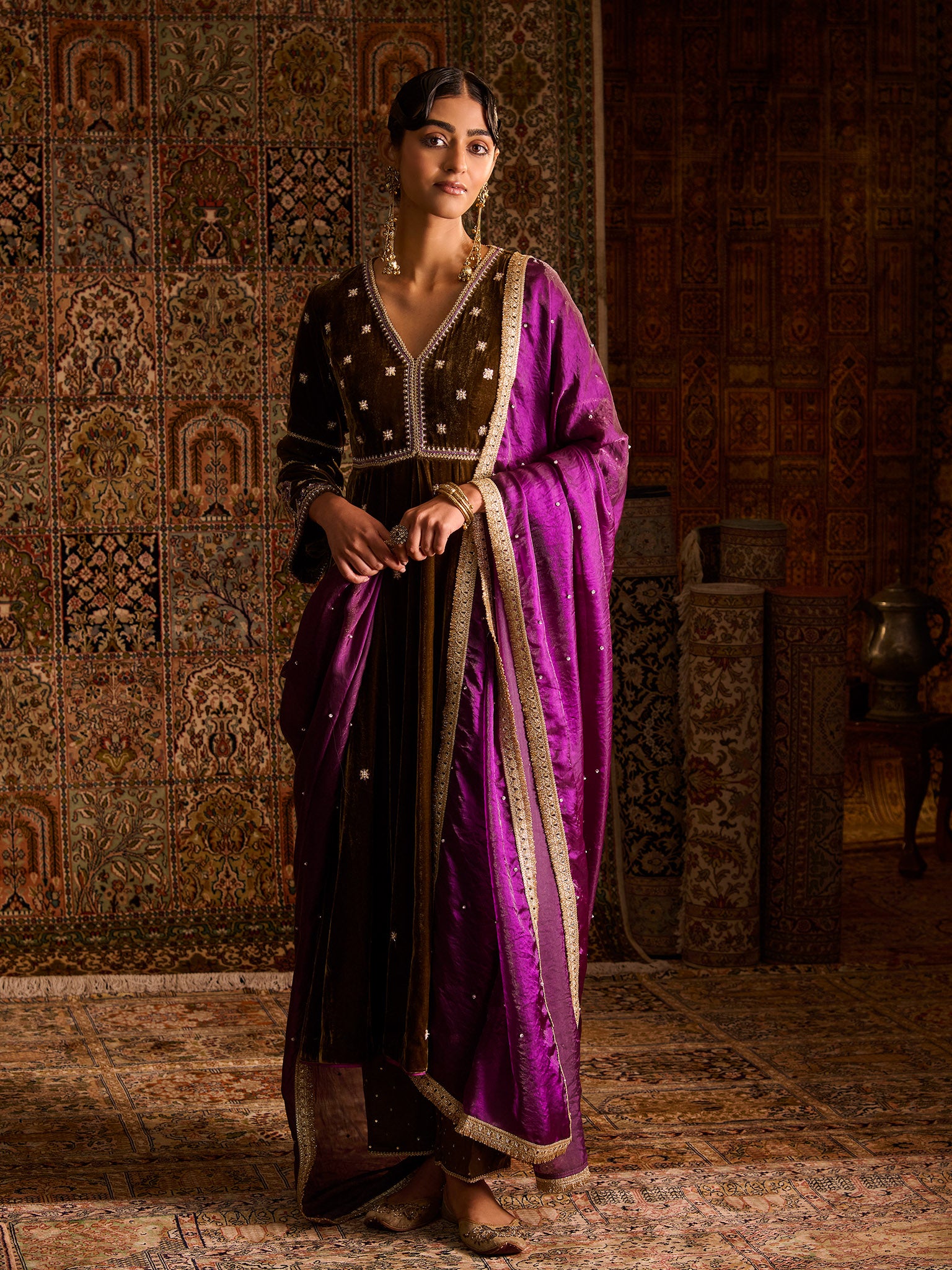 Mehruu Olive Velvet Suit Set