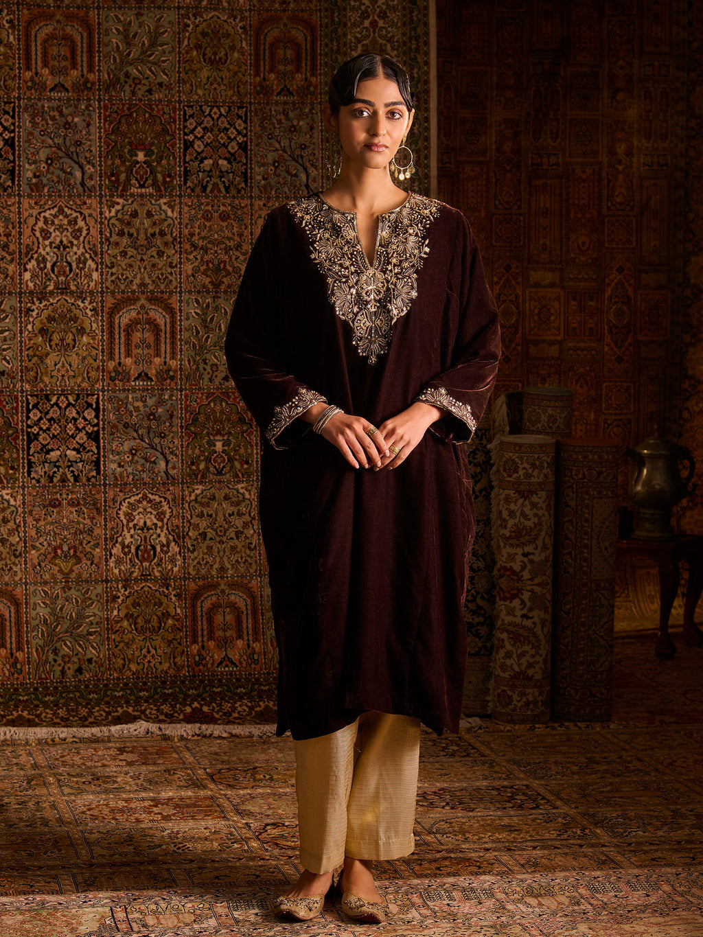Zaarin Brown Velvet Pheran Set