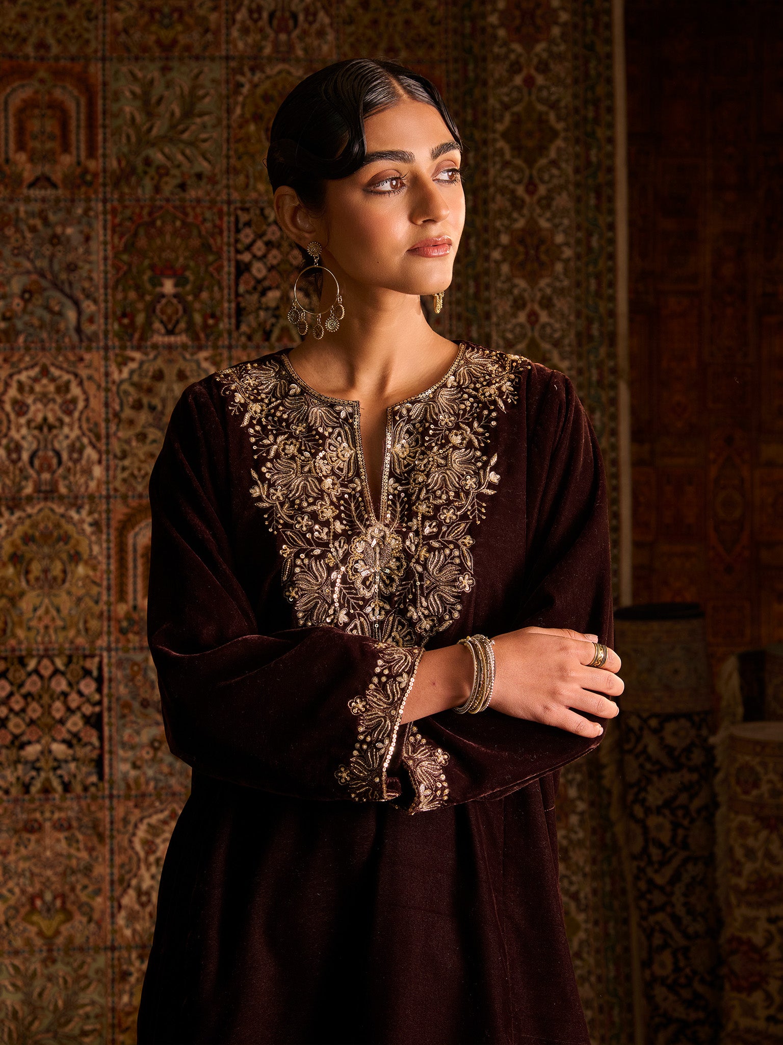 Zaarin Brown Velvet Pheran Set